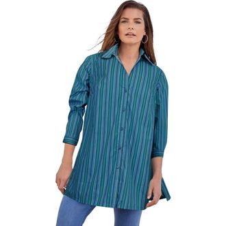 Roaman's Kate Long-Sleeve Crisp Cotton-Blend Button-Front Tunic in Deep Teal Multi Stripe at Nordstrom, Size 28
