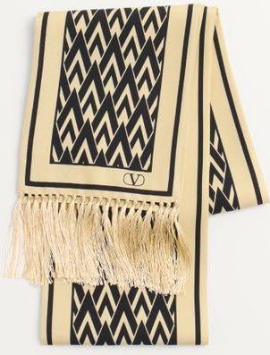 Valentino Garavani Scarf Bandeaux Toute La V In Seta Con Frange Uomo CREMA/NERO UNI