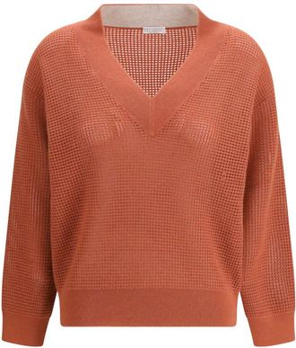Brunello Cucinelli Red Knitted V Neck Sweater