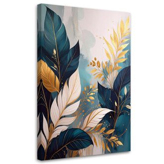 Feeby Impresi&oacute;n De Imagen, Abstracci&oacute;n De Hojas De Plantas En Turquesa Y Dorado, 80x120