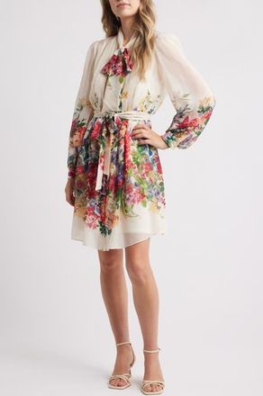 Julia Jordan Floral Print Tie Neck Long Sleeve Dress in Ivory Multi at Nordstrom, Size X-Large