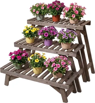 Relaxdays Relaxdays Soporte Para Plantas, Set De 3 Piezas, Alturas: 19,5/33/49 Cm, Madera De Abeto, Marr&oacute;n, Interior Y Exterior