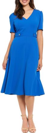 London Times V-Neck Side Tab Fit & Flare Midi Dress in Turk Sea at Nordstrom Rack, Size 16