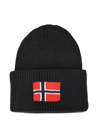 Napapijri flag-detail ribbed beanie hat - men - Fabric - One Size - Black