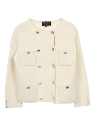 Chanel 1988 coco mark rhinestone button knitted jacket - women - Fabric - 36 - Neutrals
