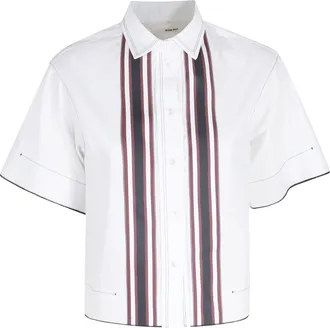 Tela White Gimmy Striped-Front Short-Sleeve Cotton Shirt