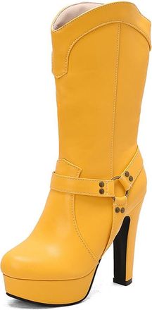 Generic MiaZane Womens Mid Calf Platform Boots Faux Leather Harness Detail Chunky Block Heel Street Style Fashion Winter Boots,Yellow,6.5 UK