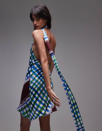 Topshop Vestito corto in raso con stampa e sciarpa al collo-Multicolore