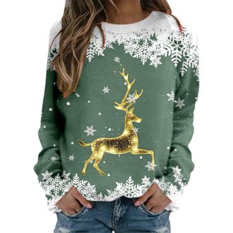 Generic Ladies Christmas Jumper Cute Funny Reindeer Print Jumper Crew Neck Tops Long Sleeves Pullover Basic School Workout Top Autumn Winter Colorful Jumper L