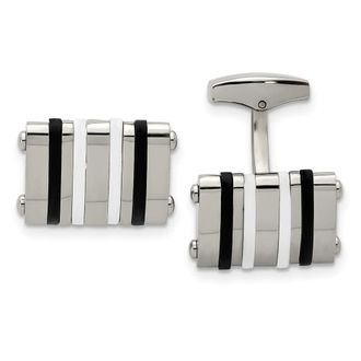 Diamond2Deal Stainless Steel Polished Black and White Rubber Bands Rectangle Cufflinks