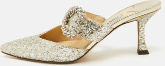 Jimmy Choo London Silver Coarse Glitter Crystal Embellished Marta Mules