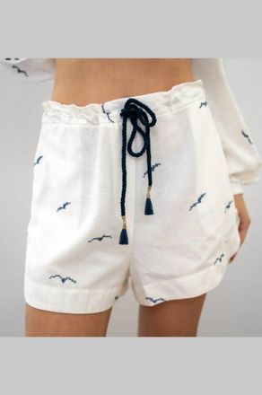 Dress To Nautical Embroidered Drawstring Linen Shorts In Off White