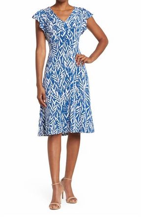 London Times Gabrielle Leaf Print Dress In Denim Blue/soft White