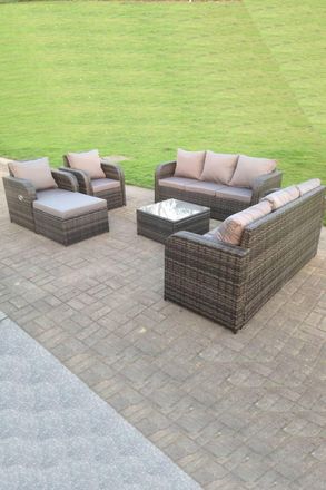 Fimous Wicker Garden Furniture Set Lounge Sofa Reclining Chair Outdoor Big Footstools 9 Seater in Dark Grey