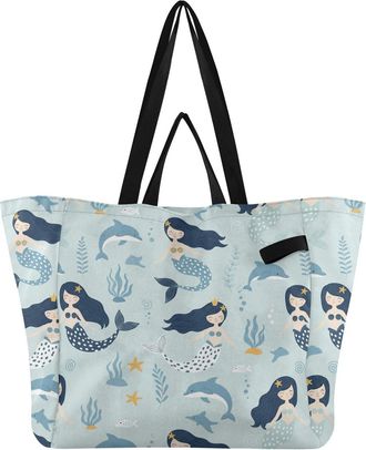 Generic Underwater Mermaids Dolphins Blue print Reusable Canvas Tote Bag, Heavy Duty Grocery Shopping Bag with Double Handles Hard Bottom Large Capacity Work 