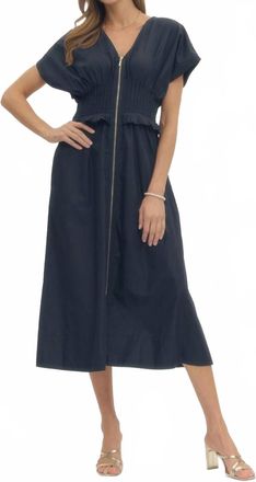 Entro Smocked Midi Dress In Dark Navy