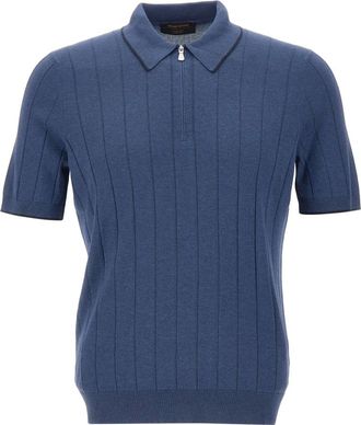 Gran Sasso Tops, Heren, Blauw, M, Ribbed Zip Knit Polo