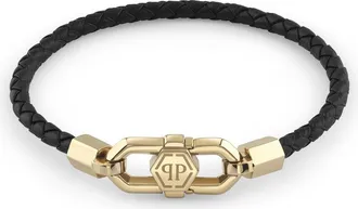 Philipp Plein Yellow Gold Leather Bracelet Plein Edge Men in Black/lightgold at Nordstrom, Size Small