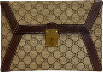 Gucci Beige Brown Canvas Leather Clutch Bag Pouch (Pre-Owned)