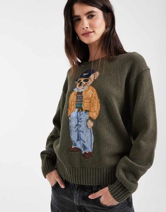 Polo Ralph Lauren maglione con orsetto lavorato a maglia verde oliva