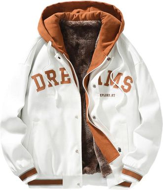 Generic 2 in 1 Hooded Varsity Jacket for Men Casual Letter Patterns Long Sleeve Cardigan Jackets Y2K Windproof Jackets (White plush,8XL)