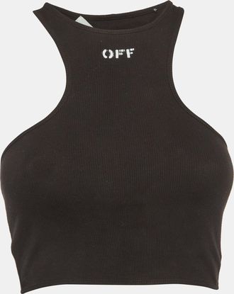 Off-white Black Logo Print Rib Knit Racer Back Tank Top