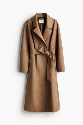 H&M Mantel aus angerautem Stoff mit Bindeg&uuml;rtel - Beige