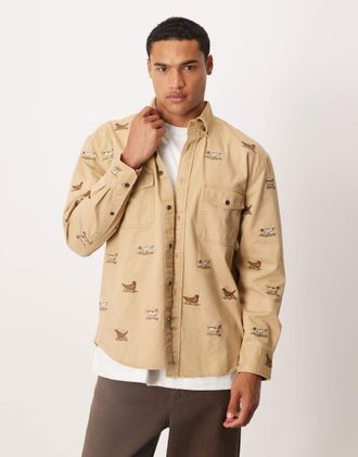 GANT Camicia comoda in twill beige con ricamo di cani-Neutro