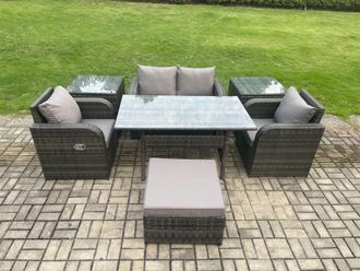 Fimous Outdoor Rattan Garden Furniture Lounge Sofa Set With Oblong Rectangular Dining Table 2 Reclining Chair in Dark Grey