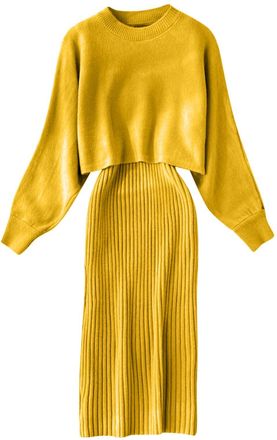 Generic Womens Knitted Two Piece Set Bodycon Dress Pullover Top and Midi Skirt Co Ord Set Elegant Ribbed Knit Outfit Casual Workwear Winter Sweater Dress Suit