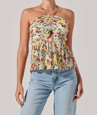 Astr Tamaryn Halter Tie Neck Top In Yellow Green Multicolor