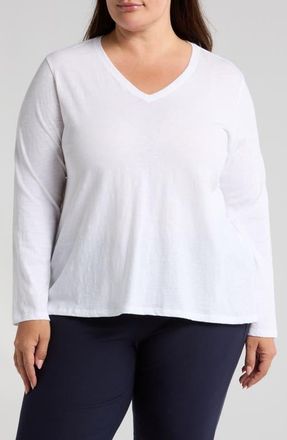 Eileen Fisher Easy V-Neck Long Sleeve Organic Cotton T-Shirt in White at Nordstrom, Size 1X