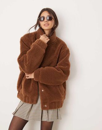 Miss Selfridge Bomber oversize in pile borg color cuoio-Marrone