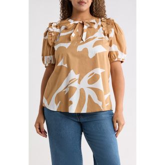 Sugarlips Hazel Abstract Noche Tie Neck Top in Camel-Multi at Nordstrom, Size 3X