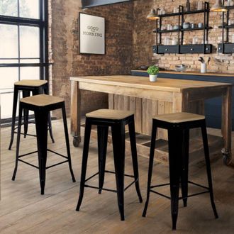 IDMarket Set di 4 sgabelli da bar leny in metallo nero opaco impilabili con sedile in legno