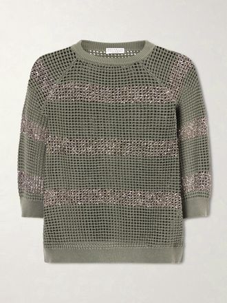 Brunello Cucinelli Pullover In Cotone Punto A Giorno A Righe Con Paillettes - Verde