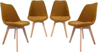 Sweeek Silla escandinava de madera de haya y pana fina, set de 4, ocre