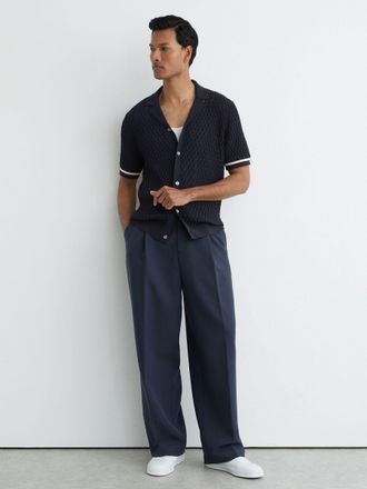 Reiss Navy Cotton-blend Geometric-knit Tipped Shirt, Xxl