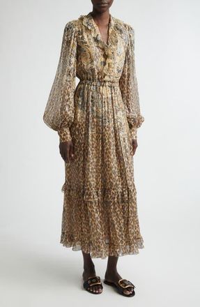 Etro Silk Blend Metallic Pliss&eacute; Maxi Dress in Beige at Nordstrom, Size 44