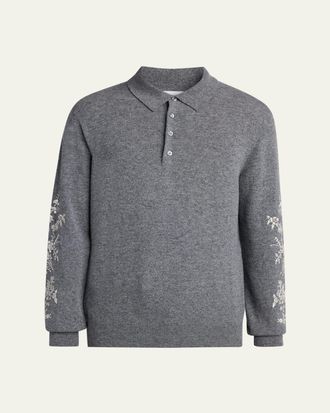 Alexander McQueen Mens Wool Floral-Embroidered Polo Sweater