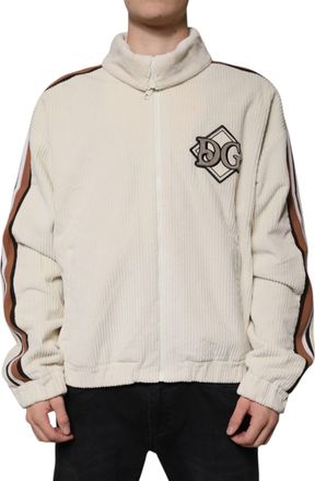 Dolce & Gabbana Beige Logo Applique Cotton Corduroy Full Zip Mens Jacket