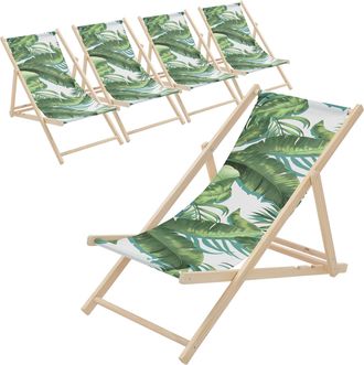 ECD Germany Ecd Germany 5x Sillas De Playa De Madera Con Respaldo Ajustable En 3 Posiciones De Reclinaci&oacute;n, Dise&ntilde;o Tropical Verde-blanca Tumbona Plegable, Hasta 1