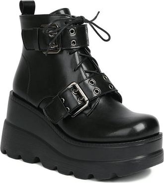 Generic Womens Wedge Platform Round Toe Goth Combat Boots Side Zipper Buckle Strap Lace Up Fashion Punk Motorcycle Shoes (Black,7.5)