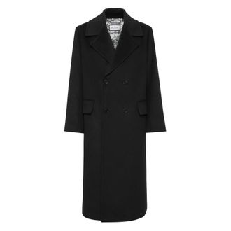 Philipp Plein Herringbone Wool Double-Breasted Long Coat - Heren - Mantel - Zwart - XL - Wol - Jassen