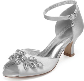 Generic Wedding Bridal Shoes Womens Bridal Kitten Heels Sandals Open Toe Ankle Strap Satin Low Heel Wedding Dress Shoes 6.5Cm,Silver,6 UK