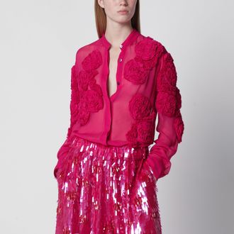 Dries Van Noten Camicia fucsia con rose in rilievo