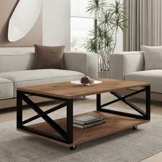 Dmora Mesa De Centro Lesegno, Con Ruedas, Un Compartimento, Forma Rectangular, 98x60x34h Cm Marr&oacute;n Roble Oscuro