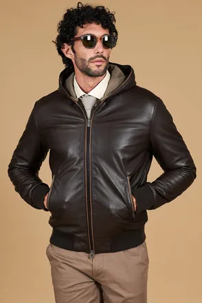 D'Arienzo Giubbotto bomber in pelle testa di moro con cappuccio DArienzo, Seleziona Taglia 46, Colore Testa di moro