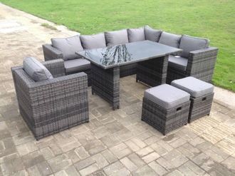 Fimous 8 Seater Outdoor Lounge Rattan Corner Sofa Set Garden Furniture Rectangular Dining Table Chair in Dark Grey