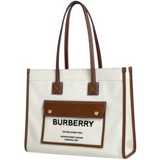 Burberry Brown Ivory Canvas Leather Handbag Tote Bag (Pre-Owned)